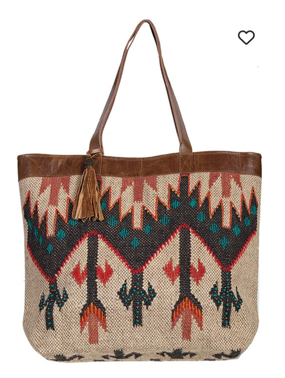 Scully Brown Leather Trim Woven Tote with Red Teal Black Accents